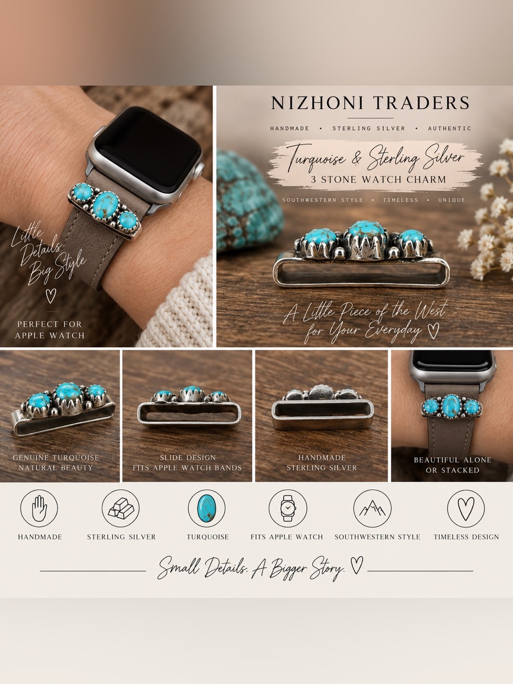 Nizhoni Turquoise & Sterling Silver Handmade 3 Stone Apple Watch Slide 
Charm